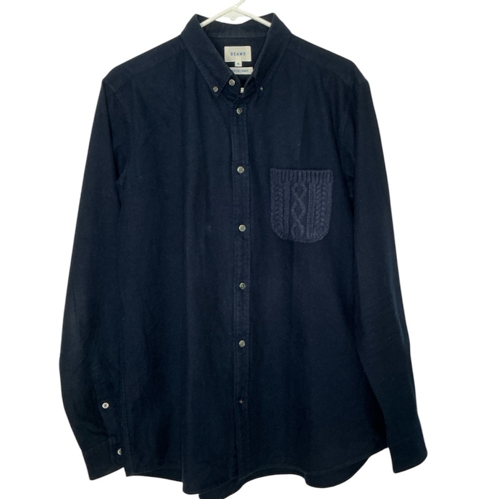 Beams Japanese Fabric Men's Navy Button-Up Shirt Knit Chest Pocket Size XL